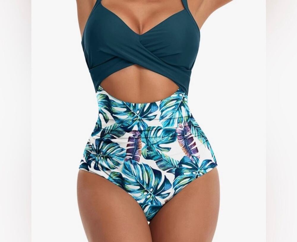 18 Women’s One Piece Swimsuit Tummy Control Cutout High Waisted Wrap Tie NWT